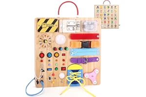 KONIJIWA 23 in 1 Giochi Montessori 1 anno per Bambini Montessori Busy Board Giochi Legno con 15 Interruttori e 26 luci LED，Carillon, lucchetto, lacci delle scarpe, cerniera Giochi Sensoriali Giocattolo