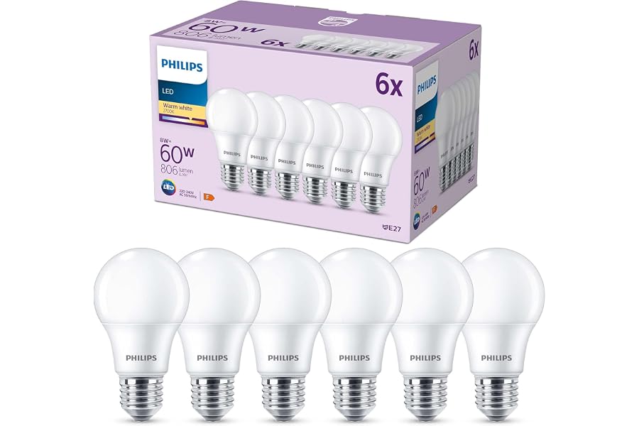 Philips pack de 6 ampoules LED E27, 60W, blanc chaud