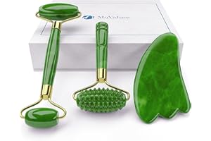 MOVALUES Rouleau de Jade Authentique et Gua Sha - 100% Naturel Jade, Masseur de visage, Roller pour la peau, les yeux, le cou