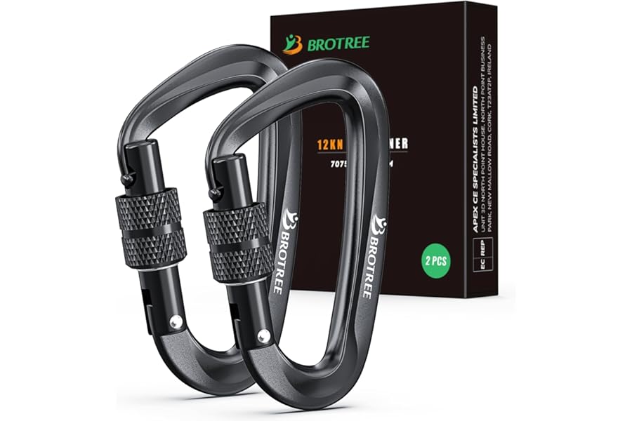 BROTREE Locking Carabiner Clips 12KN (1200 kg) Heavy Duty Carabiners for Hammock, Camping, Hiking, Backpack and More (2 or 4 Packs)