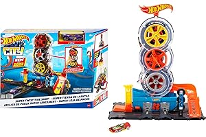 Hot Wheels - Hot Wheels City - Circuit Boutique de Pneus - Coffret avec 1 Voiture - Ascenseur, Pompe à Essence - Démarre avec 1 Clé - Cadeau dès 4 ans, HDP02