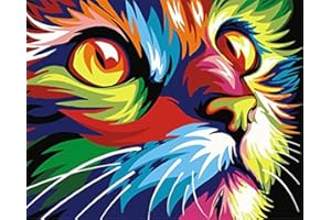 YEESAM ART DIY Ölgemälde Malen nach Zahlen Erwachsene Kinder, Bunt Gemalter Katze Kopf Zahlenmalerei ab 5 Öl Wandkunst (Bunt, mit Rahmen)