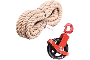 SEILWERK STANKE 125 mm Poulie avec crochet + corde en jute 20 mm 20 m treuil corde de corde Rouleau des vents Rouleau Palan rôle de Construction Construction Ascenseur Set