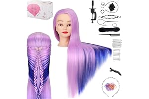 TwoWin Training Heads 100% Synthetic Hair 65 cm Hair Hairdressing Cosmetology Mannequin Hairdressing Head Practice Head with Holder + DIY Hair Accessories Styling (Light Purple + Navy Blue)