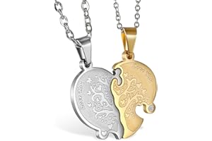 JewelryWe - Coppia Collana per Lui & Lei Regolabile Cuore Puzzle Albero della Vita con Zircone Lucido scritta I LOVE YOU Regalo per San Valentino