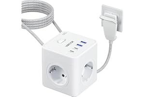 VINTAR 8 en 1 regleta de enchufes Enchufe Plano,4 Compartimento Toma de Corriente múltiple con 2 Tipo-C y 2 USB A，sockets 4000W con 2M Trenzado para Cable Oficina, hogar