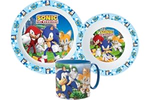 OM SUPPLIES Sonic Cartoon Character Dinner Tableware Set 3pcs Plate, Bowl & Mug, BPA Free re-usable Plastic Microwave Safe (Sonic)