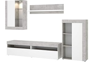 Mobelcenter - Mueble de Salón Tokio - Módulo TV, Módulo con estantes, Módulo Superior y Estante - Acabado en Color Cemento y Blanco - Medidas: Ancho: 254 cm x Alto: 112 cm x Fondo: 42 cm - (1200)