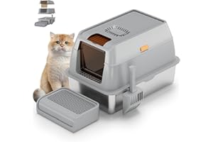 UISAVE Edelstahl Katzenklo XXL Vollverschluss mit Aktivkohlefilter & ABS-Deckel – Geruchsneutralisierend, Leicht zu Reinigen inkl, Fußmatte und Schaufel 60L (Grau)