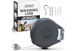 ZENO Retractable Washing Line 15M | Heavy Duty Dual Clothes Line with Automatic Retraction | Wall Mounted Laundry Airer for Indoor and Outdoor Use | Compact Space Saving Design | 15KG Capacity Grey