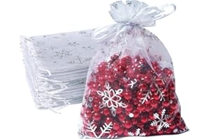 MORAINJAY 100 szt. świątecznych torebek na prezenty z organzy, 7 x 9 cm, białe torebki z organzy ze srebrnymi płatkami śniegu, małe woreczki na biżuterię ślubną ze sznurkiem, siatkowa torba na słodycze na