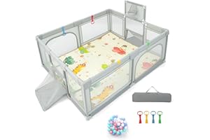 GYMAX Baby Playpen, Large Toddler Fence Play Yard with 50 Ocean Balls, Soft Mat, Basketball Hoop and Soccer Nets, Indoor Outdoor Infant Activity Center (Light Gray, 187 x 157 x 68cm)