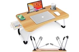 SEVERNO Klappbarer Laptoptisch: Arbeitsplatz, Lernort, Zeichenfläche – Kompakt, leicht, mit Tablet-Aussparung, Trinkhalter, rutschfesten Füßen und Schublade - Natur - 60x40x28 cm