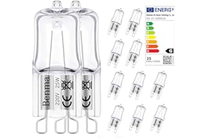BENMA Bombilla halógena G9 de 25 W, 220 V, 12 unidades de bombillas halógenas con base de pin, 3000 K, blanco cálido, bombilla halógena G9 con casquillo G9