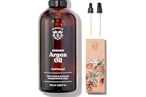 Bionoble Organic Argan Oil 100ml - 100% Pure, Natural and Cold Pressed - for Hair, Face, Body, Beard, Nails - Vegan and Cruelty Free - Glass Bottle + Pipette + Pump
