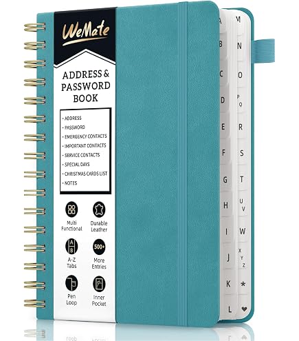 JUBTIC Hardcover Address Book With Alphabet Tabs - Spiral Bound, Refillable, Includes Password & Date Pages, Green