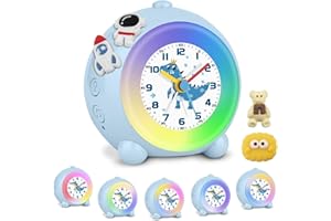 TENOCK Despertador analógico para niños, sin tictac, Dinosaurios, Multicolor, Volumen Ajustable y Hora fácil de Leer, para decoración de Habitaciones de niños (Azul)