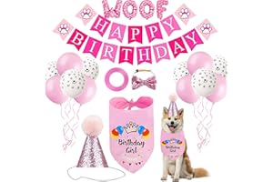 CREAHER Dog Birthday Party Supplies, Dog Birthday Bandana Hat Set with Happy Birthday Banner, Bowtie Tie and 10PCS 12 Inch Paw Print Balloon for Dog Pet Birthday Party Accessories (Pink)