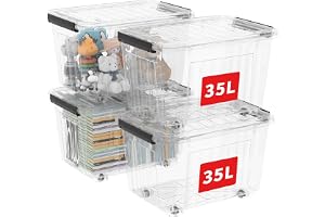 Cetomo 35 L x 4 plastförvaringslådor med hjul, förvaringslåda med lock med säkra sidolåsar, PP stapelbar och genomskinlig organisatör för hem, kontor, flyttning, transparent, 35 L-4-pack