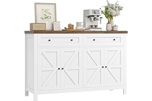 HOCSOK Kitchen Sideboard, 140cm Kitchen Storage Cabinets with 2 Drawers, White Buffet Cupboard with Adjustable shelf, Modern, for Living Room, Hallway, Dining Room