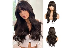 CGVG Lange Lockige Gewellte Perücke mit Pony Charmante Dunkelbraune Perücke Damen Natürliche Synthetische Hitzebeständige Perücke für Party tägliche Tragen Fasching Braune Wig