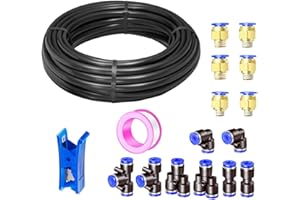 HAXIHA 10 Metros Manguera Neumática 12mm OD/8mm ID,Negro Tubo Aire Comprimido Poliuretano PU Manguera de Aire Tubo Kit,Conexión Rápida de Tuberías de Aire 32.8ft con 14 piezas Guarniciones Neumaticas