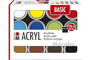 Set di colori acrilici Marabu BASIC, 12 colori semi-opachi da 18 ml, facili da dipingere, ad asciugatura rapida, resistenti alla luce e alle intemperie, 1210000000214