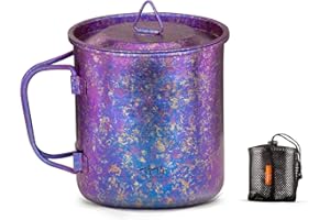 TiTo Titanium Cup Camping Tea Coffee Water Mug Ultralight Portable Cookware 450ml Foldable Handle Titanium Pot with Lid for Outdoor Backpacking Hiking Picnic Drinkware Open Fire (Purple)