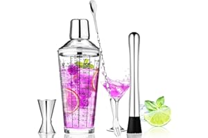 Jilskl Cocktail Shaker Set, 4-teilig, Glas & Edelstahl, Silber, BAR_TOOL_SET, 3312061, mit Shaker-Becher, Messbecher, zerdrücktes Eis am Stiel, Löffel, 400ml, 4 Stück