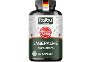 ‎RAIBU Saw Palmetto Extrakt (Sägepalmenextrakt) mit Kürbiskern Kapseln - 650 mg Extrakt pro Kapsel davon 27.5 mg Phytosterole (5%) - Hochdosiertes Sägepalmextrakt + Kürbiskernextrakt - Ohne Zusätze
