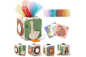 WOODEN TEETHER Tissue Box Montessori Motorikspielzeug, 6-12 Monate Sensorik Baby Spielzeug mit Spiegel, Farben, Texturen, Kinder Frühes Lernspielzeug für Jungen Mädchen Geschenke