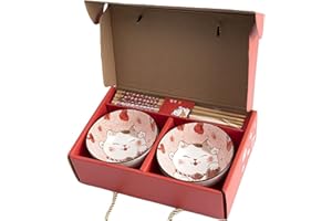 Lachineuse - 2 Bols Maneki Neko - Coffret Bols à Riz, Petit Déjeuner & Soupe - Vaisselle Japonaise en Porcelaine - Avec Baguettes - Chat Porte Bonheur - Cadeau Japonais - Déco Kawaii Japon