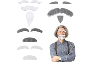 HAIFAFAFAING 4 juegos de bigote falso, blanco y gris, barba falsa, autoadhesivo, anciano, bigote, bigote y cejas para hombres y mujeres, disfraces, fiesta, carnaval, juego de simulación, abuelo, 100 días de