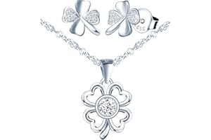 MicVivien Aretes y Collar de Plata de Ley 925 con Forma de Trebol de Cuatro Hojas, Juego de Joyas Trebol con circonita cúbica para Madre Mamá Abuela Hija Niña Esposa Novia