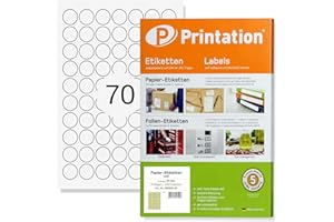 Printation Etykiety okrągłe 24 mm – 1750 etykiet, okrągłe, do zadrukowania, białe na 25 arkuszach DIN A4 – 24 mm, okrągłe etykiety na 25 arkuszach DIN A4, 7 x 10-70, samoprzylepne, do zadrukowania na