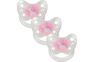 Dentistar® Latex Schnuller 3er-Set – Größe 3 ab 14 Monate – Zahn- & kieferfreundlicher Latexschnuller mit Dental-Stufe – Weiß mit Einhorn-Motiv – BPA-frei – Made in Germany