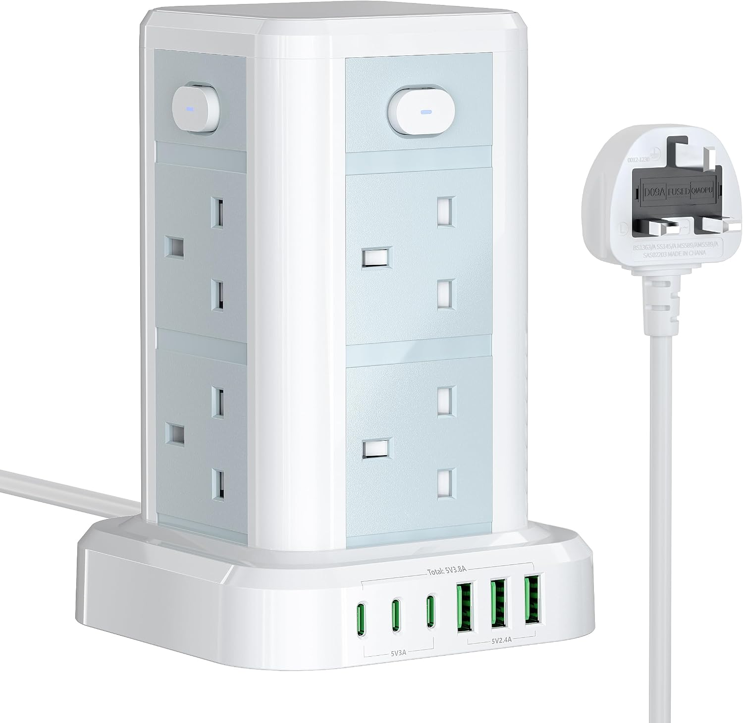 Tower Extension lead with USB Slots, Toomke 8 Way (13A/3250W) Plug Extension Socket Tower with 3 USB C and 3 USB A, Overload Protection Extension Cord with 4 Independent Switches, Power Cord 1.8M