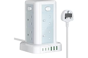 Tower Extension lead with USB Slots, Toomke 8 Way (13A/3250W) Plug Extension Socket Tower with 3 USB C and 3 USB A, Overload Protection Extension Cord with 4 Independent Switches, Power Cord 1.8M
