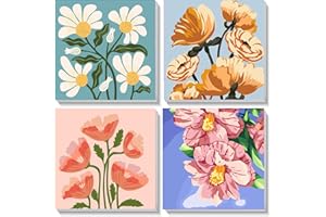 PUJEKNM 4 Pack Flower Paint by Numbers for Children with Wooden Frame-Floral Paint by Numbers Kids Ages 4-8-12,DIY Painting by Numbers Flowers for Kids Acrylic Oil Canvas for Home Wall Decor(8X8inch)