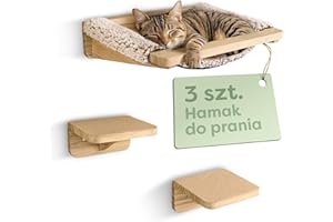 Knupis Zestaw Ściennej Drabinki dla Kota z Hamakiem & 2x Schodkami – Lite Drewno Sosnowe FSC®, Stabilna Półka Ścienna do 30 kg – dla Zabawy i Wygody - Beżowy
