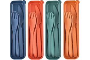 NOEWMUB Travel Utensils with Case, Reusable Plastic Cutlery, Travel Cutlery Set, Flatware Set for Travel Work School Picnic Camping or Daily Use ((4 Colors))