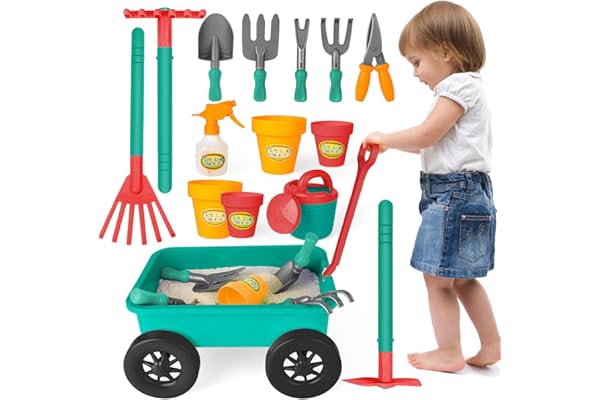 deAO Ensemble de Jardinage avec Brouette Enfants, Pelle, Râteau, Pots de Plantes, Arrosoir, 14PCS Kit de Jeu avec Outils de Jardinage pour Enfants, Set d'outils de jardinage en plein air 3 ans +(vert)