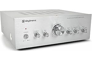 Skytronic AV400 Mini Verstärker HiFi 4 Kanal 400 Watt Vollverstärker Stereo HiFi, kompakt, 4X RCA Cinch Eingänge, DVD, CD, Tuner, Regler Balance, High, Bass, Mid, klassischer Soundverstärker - Silber