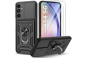 Guisessy Funda para Samsung Galaxy A54 5G Armor Carcasa Cubierta de Cámara Deslizante Proteger con 2 Pack Cristal Templado Protector, con 360 Anillo Soporte PC y Silicona TPU Case, Negro
