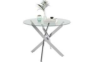 GOLDFAN Round Glass Dining Table Modern Kitchen Table with Silver Metal Legs for Dining Room Furniture (80cm-Silver)