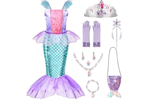 Meland Deguisement Sirene Fille, 12 Pièces Deguisement Princesse Fille avec Sac de Sirène 3-8 ans, Ariel Costume d' Carnaval, Anniversaire, Halloween