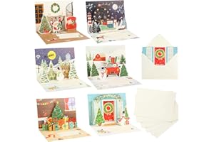 LOMIMOS Zestaw 6 kart bożonarodzeniowych z kopertą, karty bożonarodzeniowe Pop-Up 3D składane karty bożonarodzeniowe pocztówki z bocianim mężem, choinką i reniferem na Boże Narodzenie