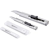 Amazon Basics 2 Pack Zinc Alloy Auto Lock Utility Knife with 20 Extra SK5 Blades for Precision Cutting - Silver