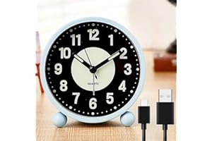 EBILUN Silent Bedside Alarm Clock Non Ticking Glow-in-the-Dark Bedroom Clock USB Rechargeable(Blue Rechargeable)