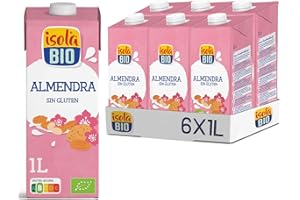 ISOLA BIO - Pack de 6 Unidades de 1 L de Bebida Ecológica Vegetal de Almendra - Sin Gluten, Sin Huevo y Sin Lactosa - Apto para Veganos - Ideal para Tomar Sola, con Café o en Batidos